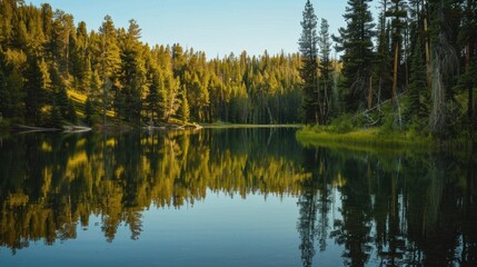Reflections of trees in calm water of mountain lake in summer.