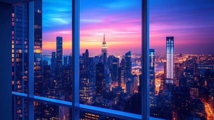 High-rise apartment window view overlooking a vibrant cityscape at dusk. 