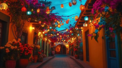 Fototapeta premium A vibrant street adorned with colorful lanterns and flowers, creating an enchanting atmosphere for a New Year celebration in a charming Mexican town. The festive decorations capture the lively spirit 