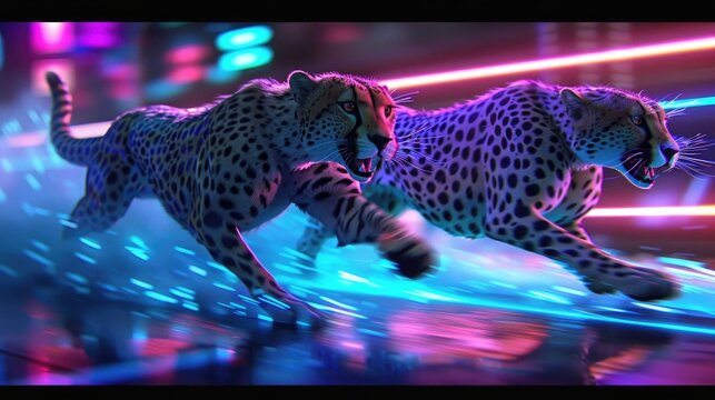 Biomechanical cheetahs with acceleration boosters, sprinting in neon lit competitive racing leagues