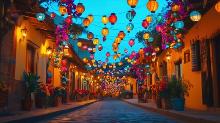 Fototapeta premium A vibrant street adorned with colorful lanterns and flowers, creating an enchanting atmosphere for a New Year celebration in a charming Mexican town. The festive decorations capture the lively spirit 