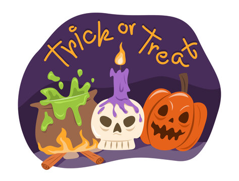 halloween scene: cauldron, skull, pumpkin, trick or treat clip art preview