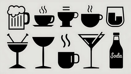 Beer, coffee and tea icons. Beer, wine and cocktail signs. Soft and alcohol drinks symbols. Classic simple flat icons. Vector