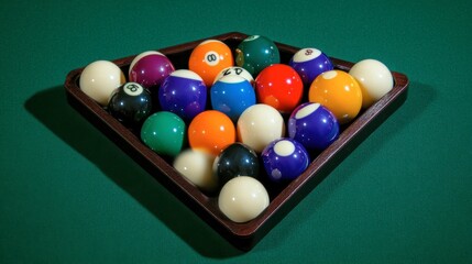 Pool balls arranged in a triangle on a green table, ready for the first break.