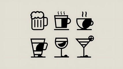 Beer, coffee and tea icons. Beer, wine and cocktail signs. Soft and alcohol drinks symbols. Classic simple flat icons. Vector