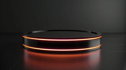 Image of glossy black podium with bright neon lighting.