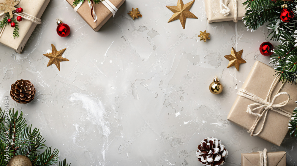 Poster christmas composition with gift boxes and decorations forming a frame on a cement background with co