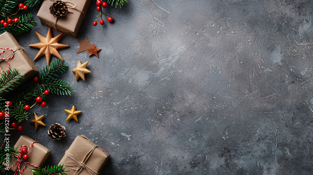 Poster rustic dark background with christmas decoration border and space for greeting text