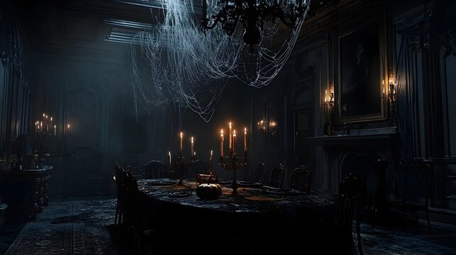 Haunting Medieval Castle Dining Hall with Candlelit Chandelier and Cobweb Covered Fireplace
