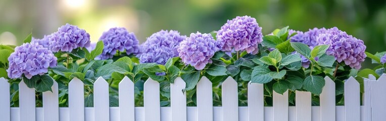 Obraz premium White picket fence with blooming hydrangeas in a cottage garden