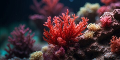 close up of a beautiful red tropical coral reef deep under the sea.