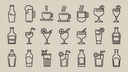 Beer, coffee and tea icons. Beer, wine and cocktail signs. Soft and alcohol drinks symbols. Classic simple flat icons. Vector