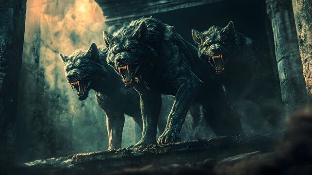 Ferocious Wolves Guarding the Ominous Cavern Entrance in the Dark