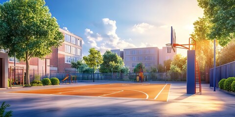 Schoolyard with basketball court and school building exterior in the sunny evening School yard with playground