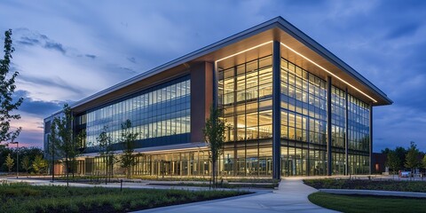 Obraz premium A contemporary corporate building with modern architectural design, serving as a versatile facility for universities, school