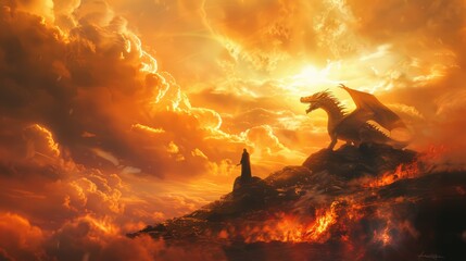 Epic Fantasy Scene with Dragon Rider and Fiery Sunset - Perfect for Fantasy Literature and Game Design
