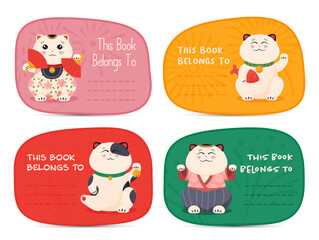 Cute and colorful book ownership labels featuring adorable cats in various outfits and styles for children and adults alike