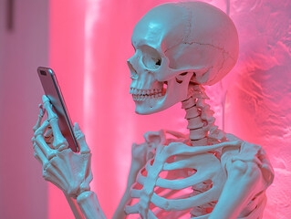 A thoughtful, ironic, and realistic high quality photo of a skeleton looking at a mobile phone, symbolizing addiction to internet devices. Suitable for social issues related content and modern...