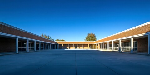 The architectural lines of an empty schoolyard under a clear blue sky, highlighting the structure and calmness of an academic environment. 