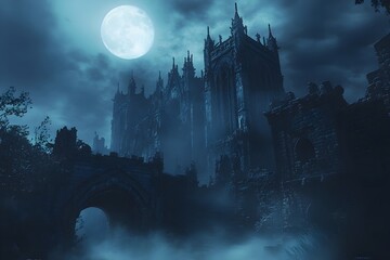 Fototapeta premium Imposing Gothic Castle Shrouded in Moonlit Mist and Mystery