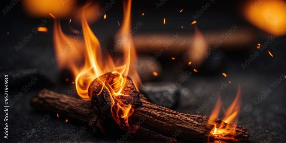 Poster black background with flaming sparks sparks flying from a fire flame hot coals in the fire shoot fla