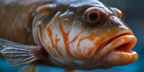 A tight shot of a fish's face with a blurred foreground and background.