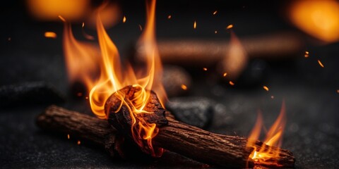 Black background with flaming sparks sparks flying from a fire flame Hot coals in the fire shoot flaming red sparks.