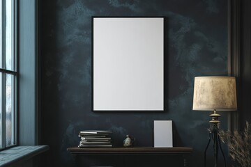 A minimalist interior featuring a blank frame on a dark wall, a lamp, and stacked books.