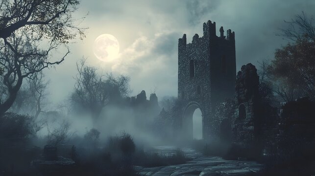 Haunting Gothic Castle Looming in Moonlit Misty Landscape
