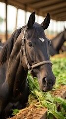 Obraz premium close up black cute horses on the farm or ranch stand outside and eat straw. concept of animal husbandry and attitude to animals 
