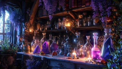 Enchanting apothecary filled with spellbinding potions, glass bottles, and mystical artifacts illuminated by warm, ambient light.
