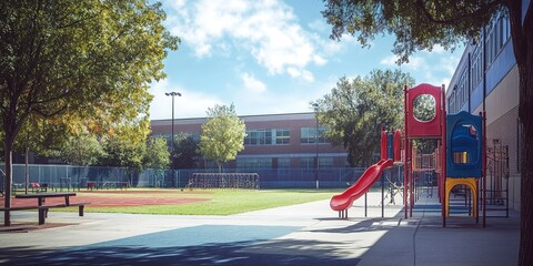 Naklejka premium An outdoor shot of a school yard with a playground and sports field