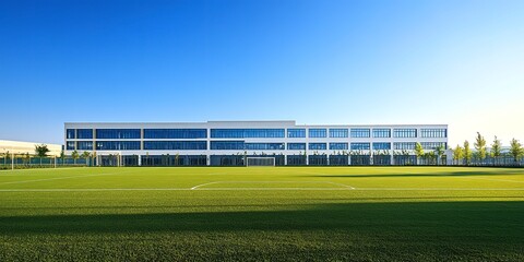 Obraz premium Modern high school building with sports field and soccer goal under clear blue sky