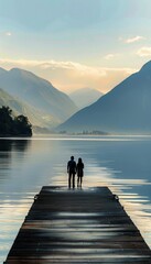 Romantic Couple on Lakeside Dock with Mountain View, Symbolizing Love and Freedom