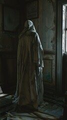 Naklejka premium A mysterious figure in a white cloak stands silently in a dimly lit, decaying room with a broken window and peeling walls.