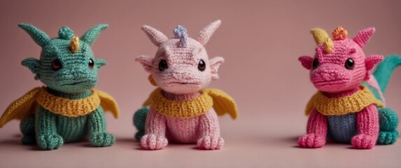 three small knitted dragons on a pink background.