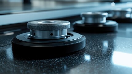 A cleaning robotas navigation wheels, with focus on the rotation bearings and rubberized surface.