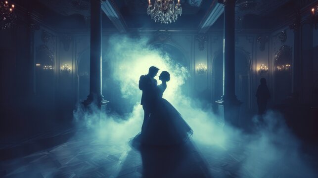 Elegant couple dancing in a misty ballroom under chandeliers, creating a romantic and timeless mood.