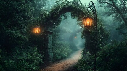 Fototapeta premium Enchanting Forested Pathway with Glowing Archway and Lanterns in Serene Woodland Landscape