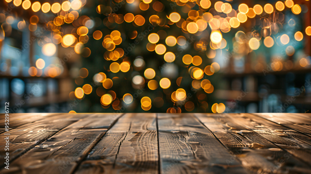 Leinwandbilder blurred illuminated christmas tree in the background of an empty wooden table top