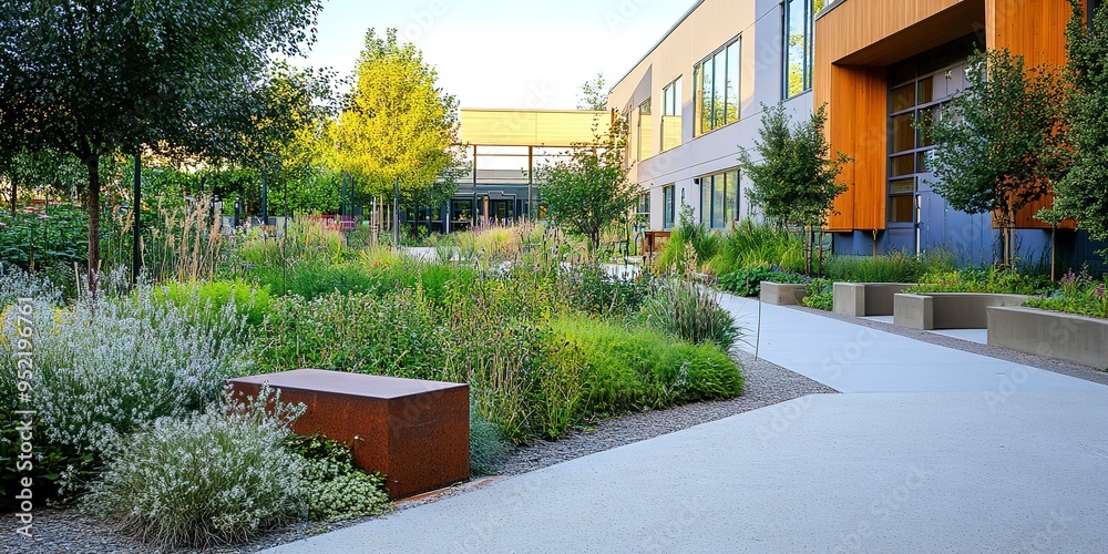 Canvas Prints A green schoolyard with native plant gardens and rain gardens 