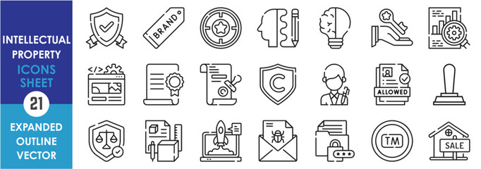 A set of line icons related to Intellectual Property. Protection, brand, target, design, idea, ownership, copyright, trademark, property, legal, and so on. Vector outline icons set.