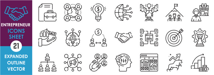 A set of line icons related to Entrepreneur. Businessman, job, investment, goal, target, global, strategy, mind, teams, and so on. Vector outline icons set.