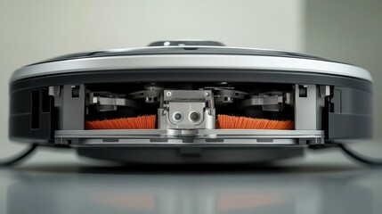 Obraz premium A cleaning robotas underside, focusing on the main brush roller and dust intake.