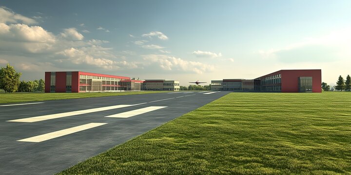 School buildings and grassy runways