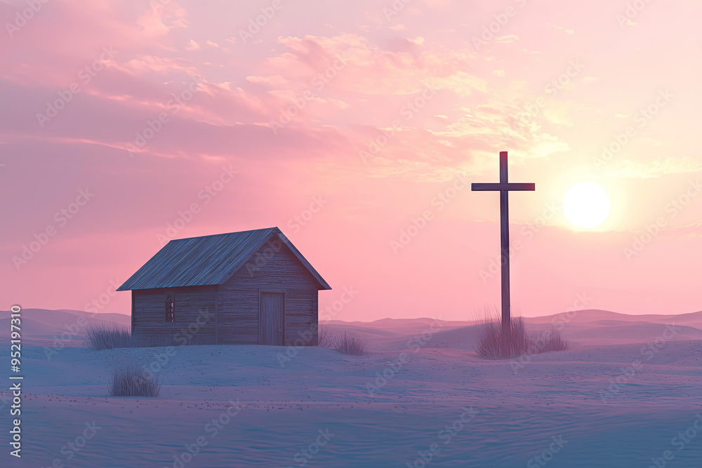 Wall mural a solitary wooden chapel stands in the vast desert, bathed in the warm glow of a setting sun. a wood