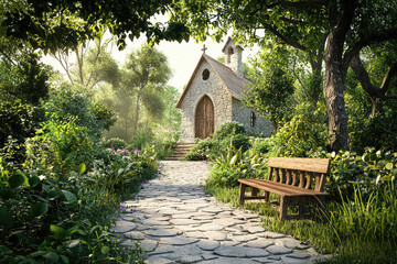 Obraz premium A quaint stone church nestled amidst lush greenery, a stone pathway leading to its entrance, with a wooden bench inviting quiet contemplation.