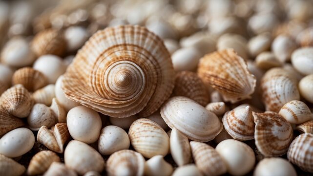 Close up of white and brown scallop seashell.