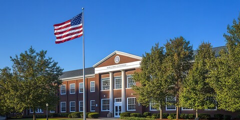 Classic brick school building exterior under clear blue sky, showcasing American education architecture with green trees and flags waving in the breeze