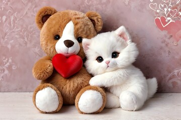 teddy bear with heart and kitten